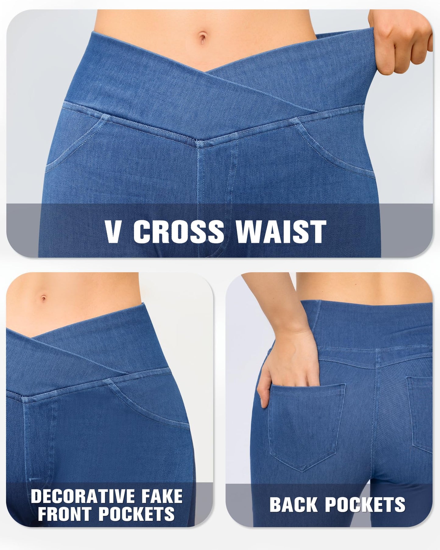 CLOZOZ Jeggings for Women High Waisted Stretchy Skinny Jeans V Cross Pull On Tummy Control Leggings with Back Pockets