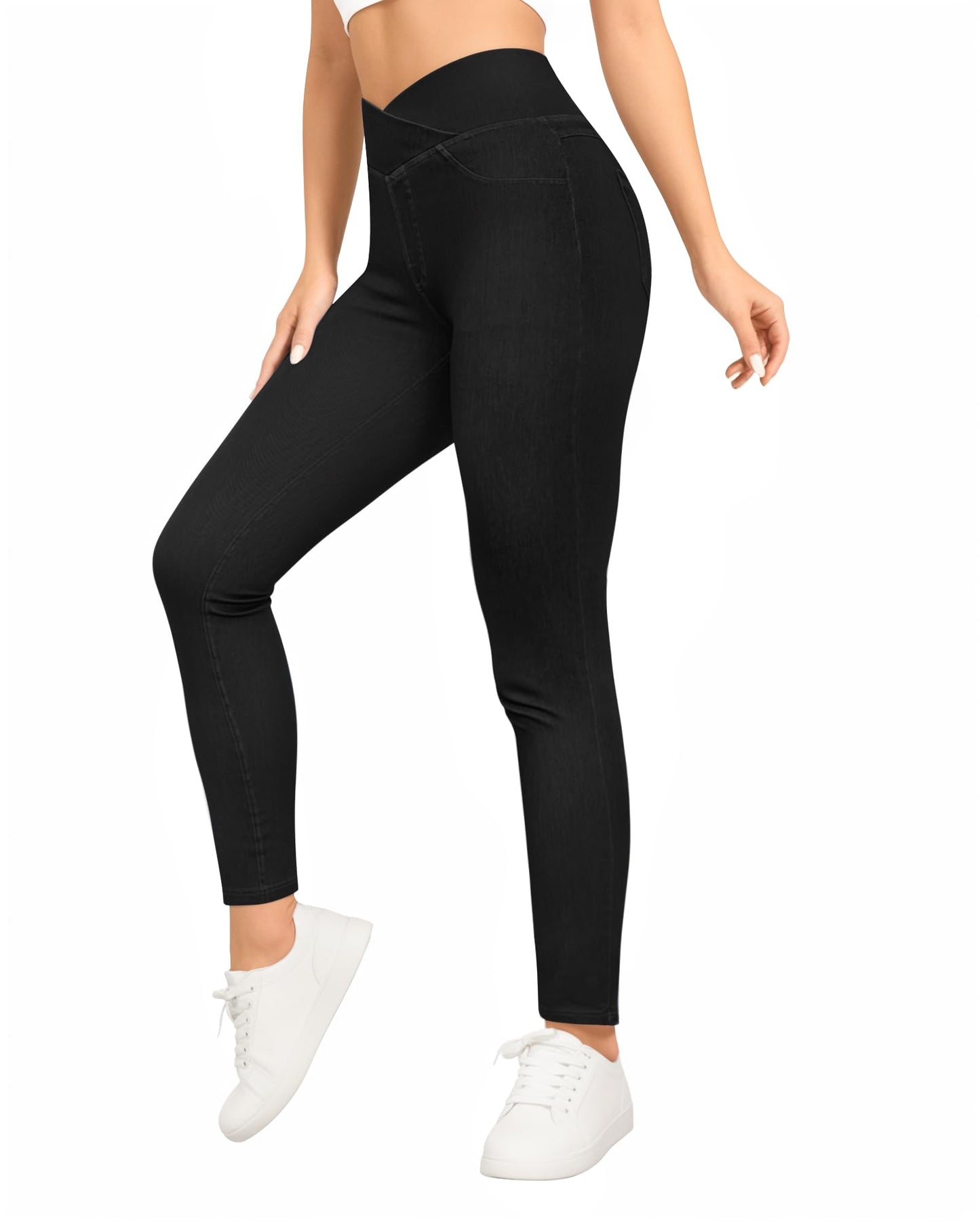 CLOZOZ Jeggings for Women High Waisted Stretchy Skinny Jeans V Cross Pull On Tummy Control Leggings with Back Pockets