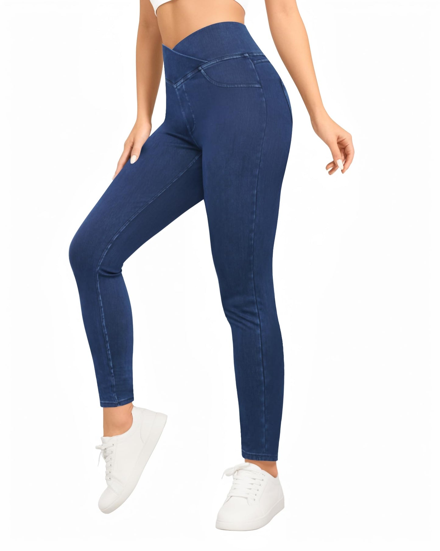 CLOZOZ Jeggings for Women High Waisted Stretchy Skinny Jeans V Cross Pull On Tummy Control Leggings with Back Pockets